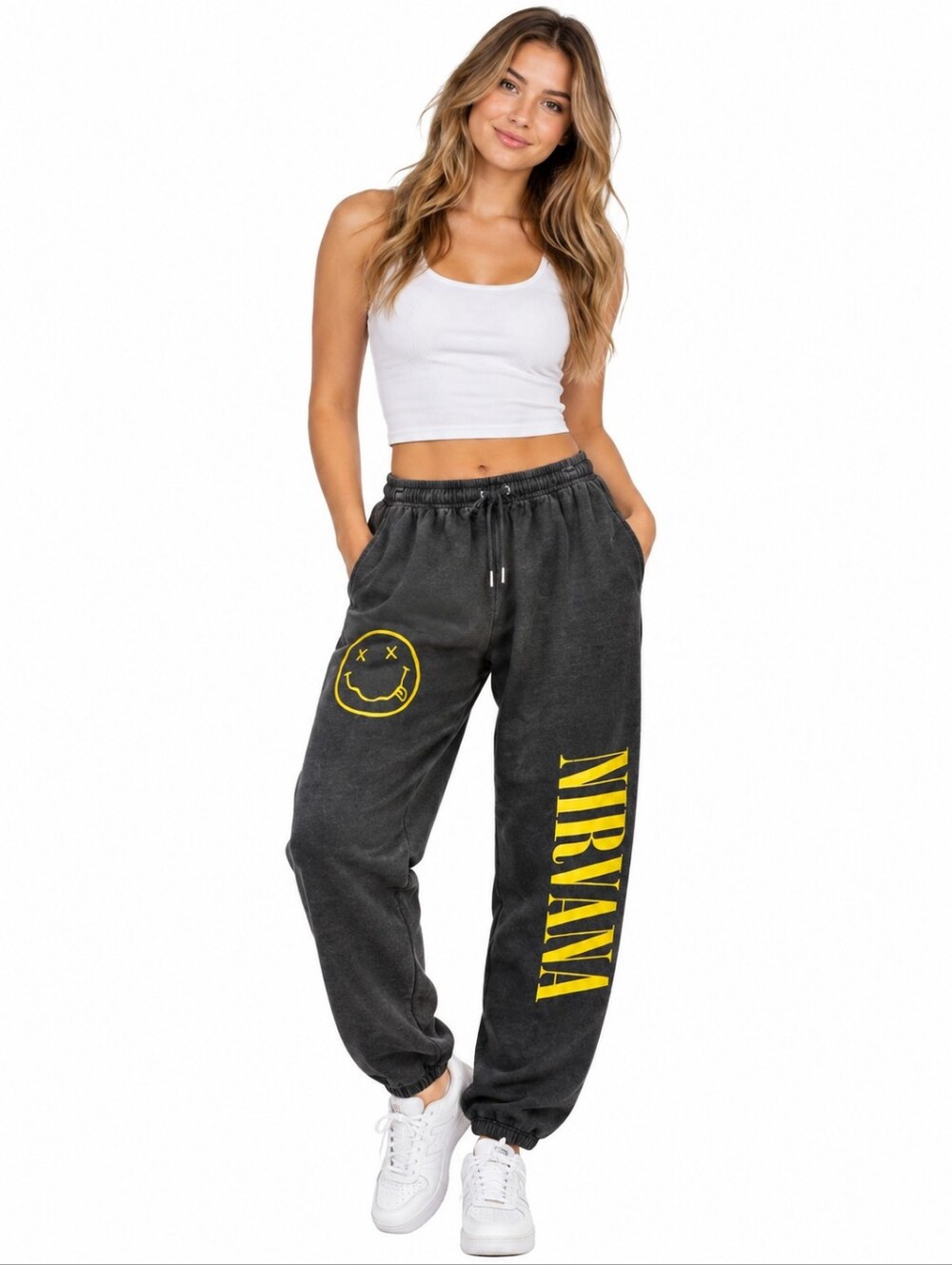 Nirvana Women’s Graphic Jogger Sweatpants Charcoal Gray Yellow Size L